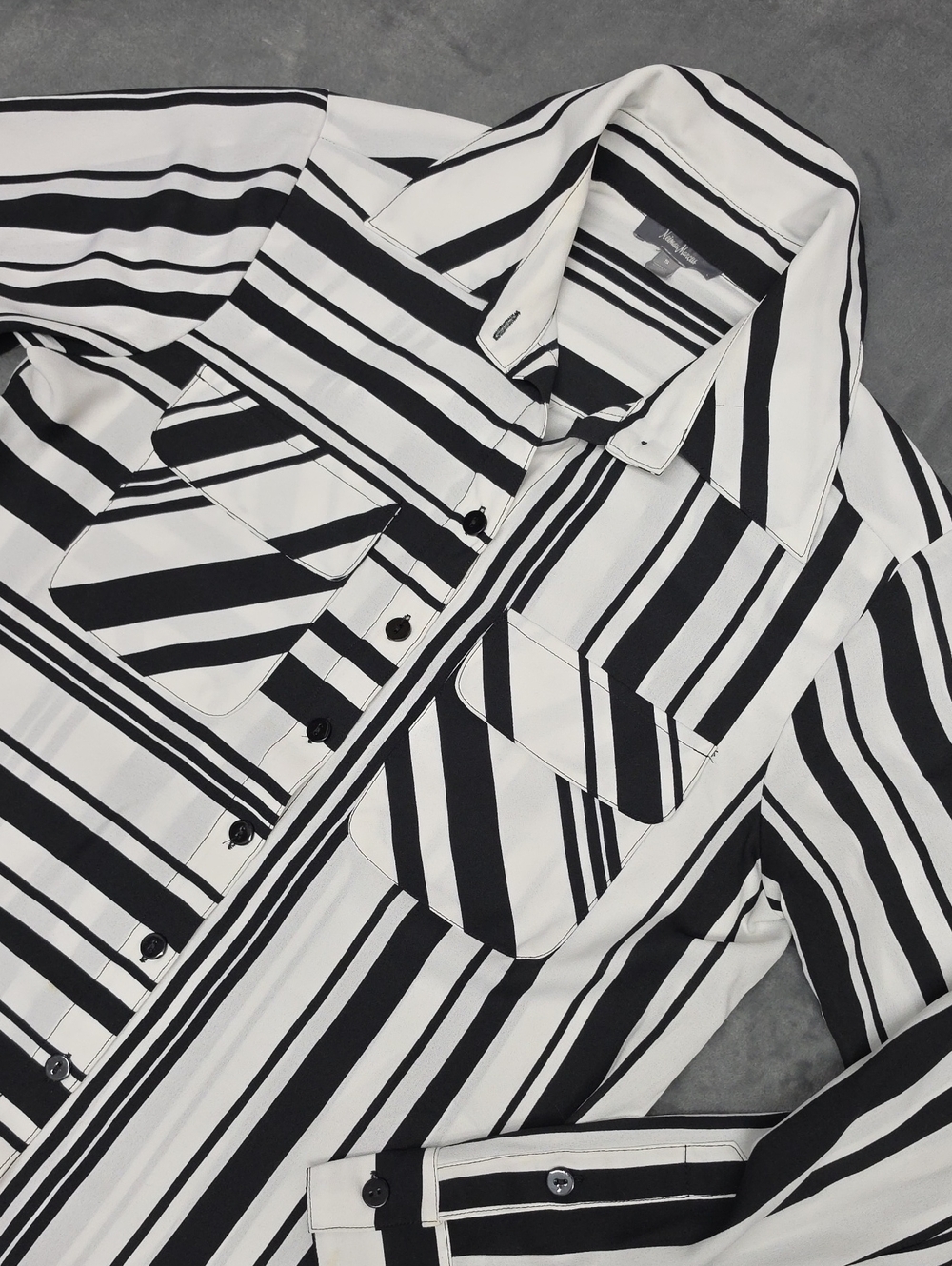 Neiman Marcus S Black and White Striped Button-Up Blouse